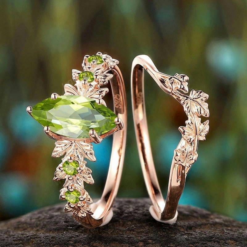 Rose Gold Marquise Flower Ring with Green Zircon - Women's Wedding Jewelry