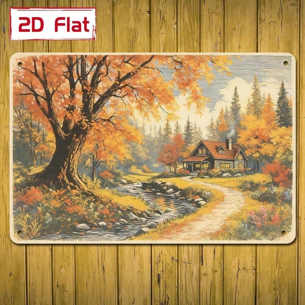 Autumn Forest Cabin Stream Sign 7.87x11.81in Nature Wall Decor Plaque Thanksgiving Gift for Study Hallway