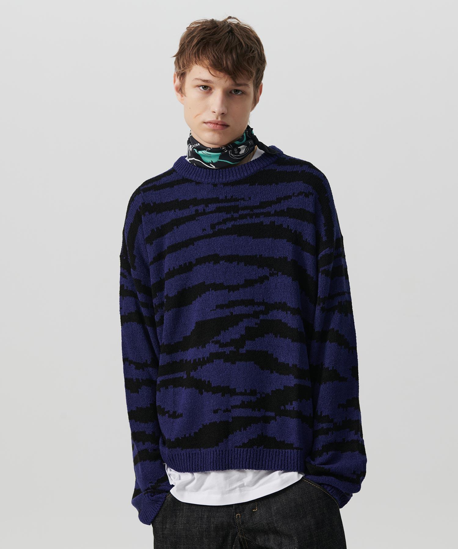 Beyond Closet [Collection Line] New Wild Zebra Pullover Knit Navy Navy/Small (100-105)