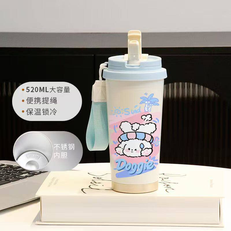 Cartoon puppy thermos cup male and female students cute couple straw large capacity sports coffee cup portable car cup