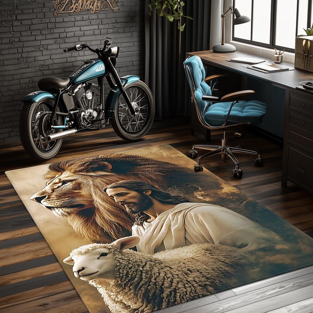 Jesus Lion Lamb Religious Art Crystal Velvet Rug Christian Faith Symbolism Spiritual Home Decor Living Room Bedroom Floor Mat