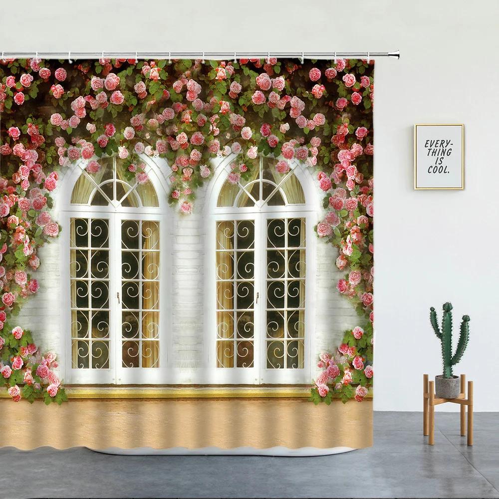 Blommor Vårlandskap Badrumsset Duschdraperi Gata Röd Rosa Blomma Retrodesign Trädgård Väggdekoration Hängande gardiner