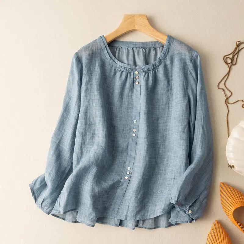 Women S Loose Vintage Long Sleeve Linen Blouse Summer Casual Sun Protection Top M синий