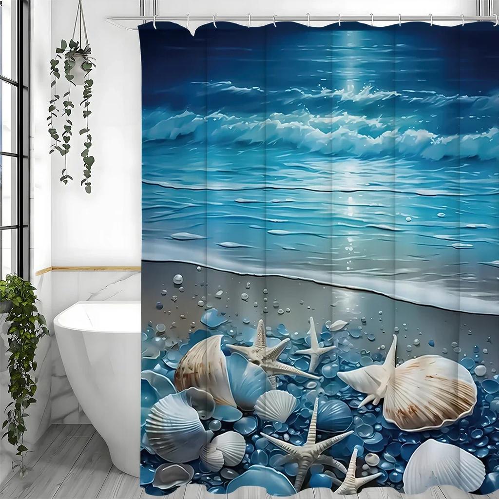 Noční oceán pláž hvězdice mušle sprchový závěs, koupelnový dekorativní sprchový závěs, vodotěsný sprchový závěs s háčky
