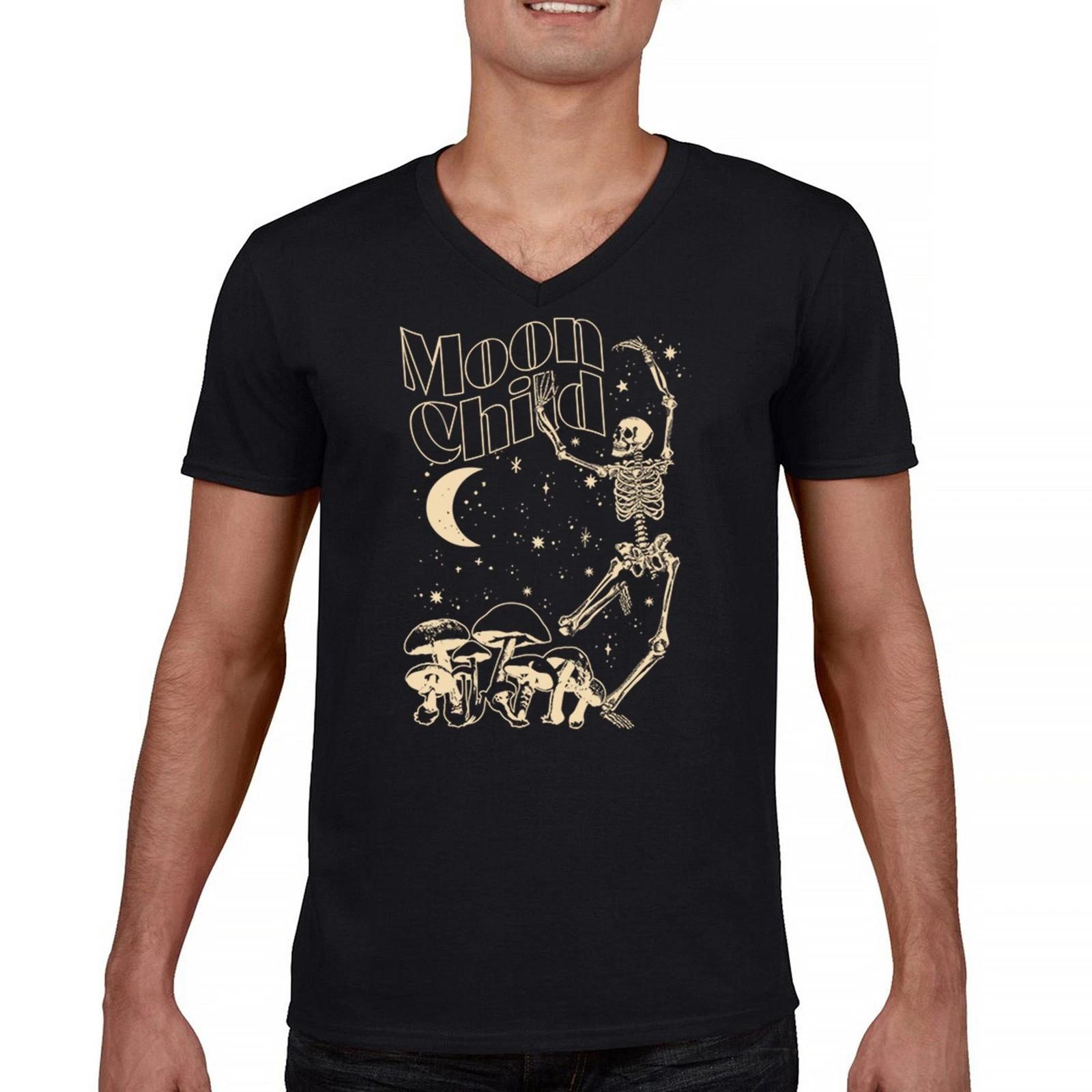 Moon Child Skeleton V-Neck kids boys T-Shirt Mystic Mushroom Lunar Spirit Halloween Tee 150