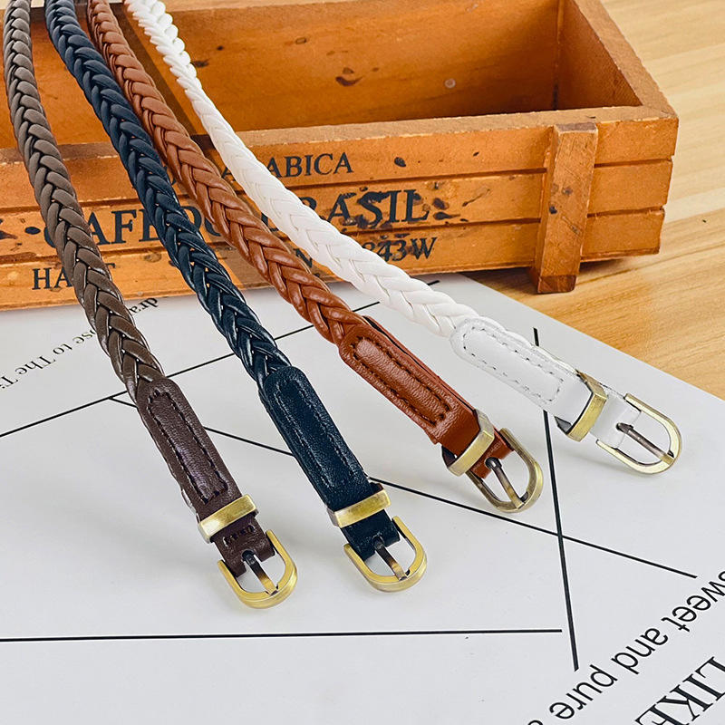 Women's Skinny Braided Leather Belts Vintage Thin Woven Waist Belts for Jeans Pants Dresses with Pin Buckle