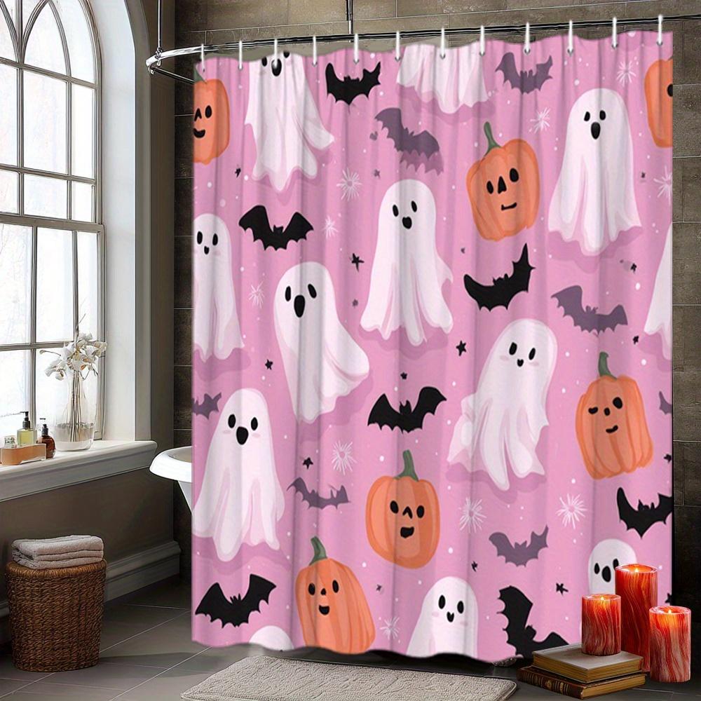 

Halloween Shower Curtain - Playful Pink White Ghosts, Orange Pumpkins, Bats & Stars Design W60H190(CM)-1 Pcs