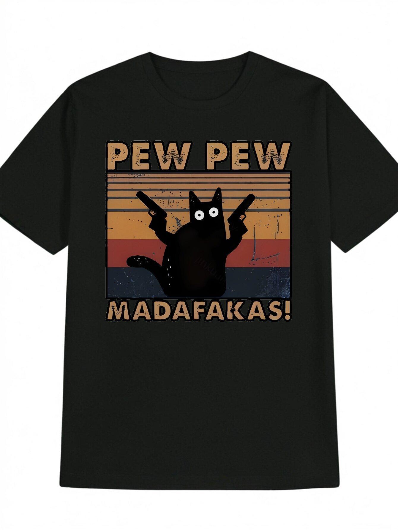 Casual Crew Neck T-shirt with Pew Pew Madafakas! Graphic - Black Cat Design XXL