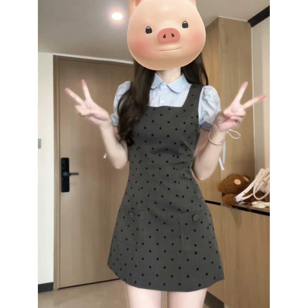 Gray polka dot camisole dress women's summer new pre-spring temperament casual women's waist suspender skirt vest skirt