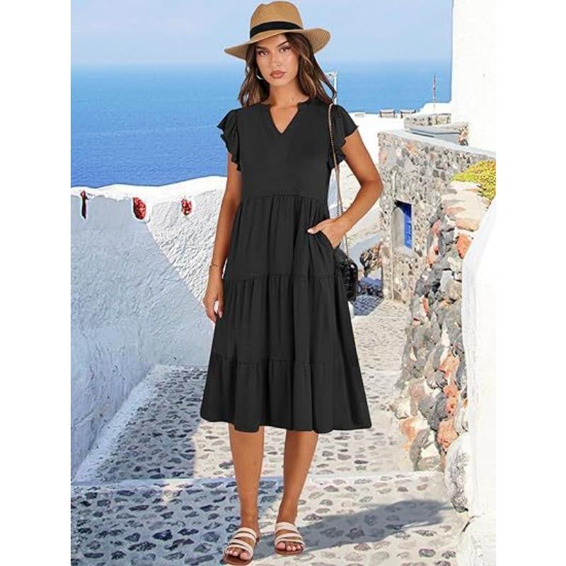 V-neck Fashion Elegant Summer Lotus Leaf Sleeve Dress Large Swing Pocket Party Dress Solid Color Casual Sweet Mid Length Splicing Dresses
