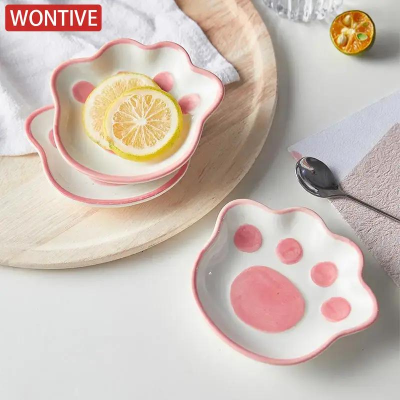 Prato de Gatinho Fofo Japonês para Degustação Cerâmica Desenho Animado Prato de Sobremesa Molheira para Soja Molho de Frutas Tigela para Tempero Pratos de Mergulho Domésticos