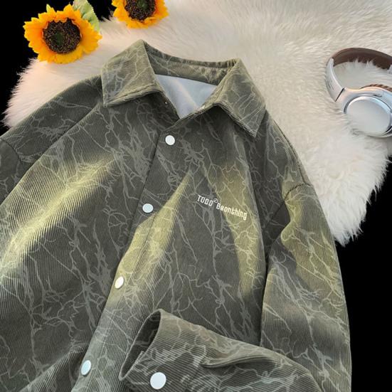 Spring Fall Men Shirt Retro American Style Corduroy Embroidery Japanese Style Loose Single-breasted Long Sleeves
