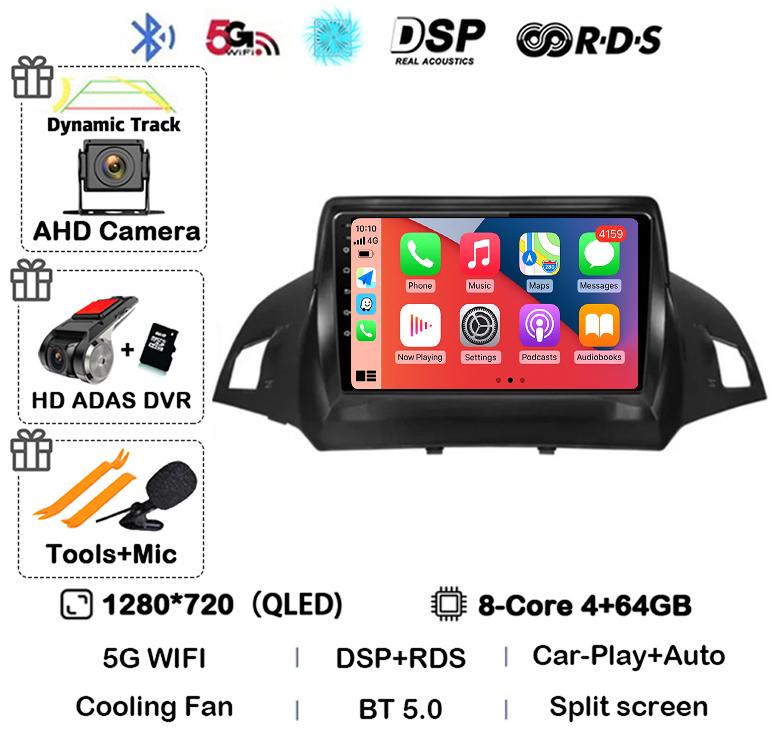 Radio multimedia con Android 14 y Carplay para Ford Kuga Escape 2013, 2014, 2015 y 2016, reproductor de vídeo, GPS, estéreo, 4G, WIFI, unidad principal