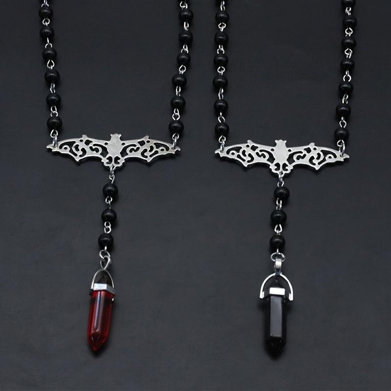 Hexagonal Pillar Bat Hollow Zinc Alloy Pendant Black Beaded Choker Gothic Elegant Jewelry Necklace Party Neck Accessories for Women