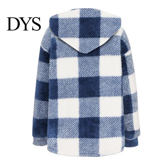 Women Jacket Lady Winter Coat Plush Lined Flannel Conrast Color Plaid Print Design Outerwear Hooded Single-breasted Thick Loose Long Sleeves Casual