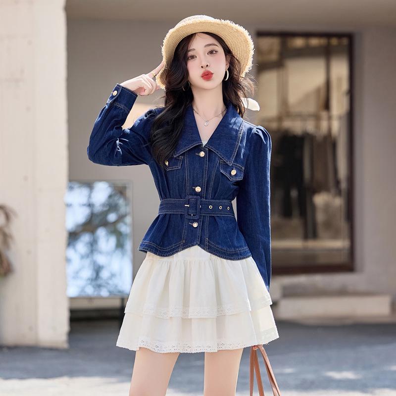 

2025 Spring Women s Retro Denim Jacket & Half Skirt Set L: 108-120 Jin