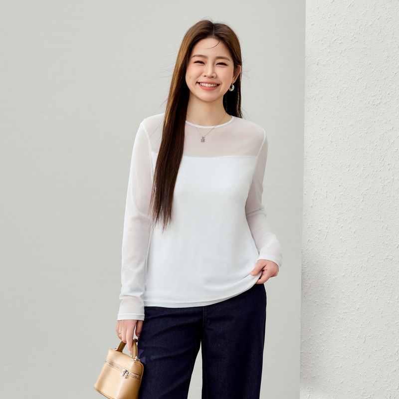 

[Cloud sense mesh semi-high collar Easiest for match base Knitwear] Slim show Plus size women s fat mm2025 New arrival Off-White-Round Neck [Regular Style] XL