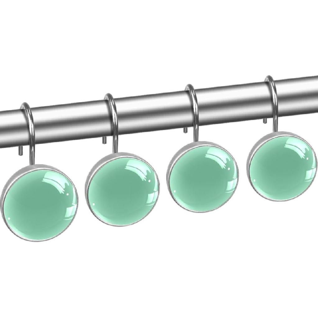 12 pcs Shower Curtain Hooks, Mint Green Solid Color, Decorative Resin Hooks Rings for Bathroom Shower Rods