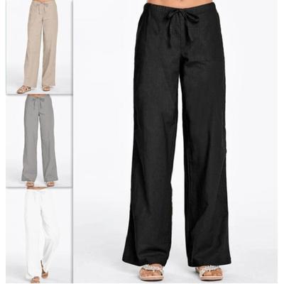 Damen Einfarbige Schnürtasche Lose Lässige Leinenhose mit weitem Bein