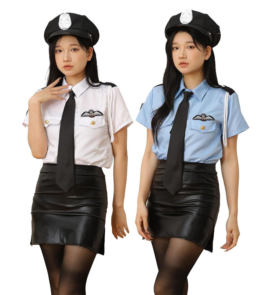 Police Cosplay Sexy Tops Skirt Tie Hat 4 Piece Set [Cedar Eight] Women's (Blue)