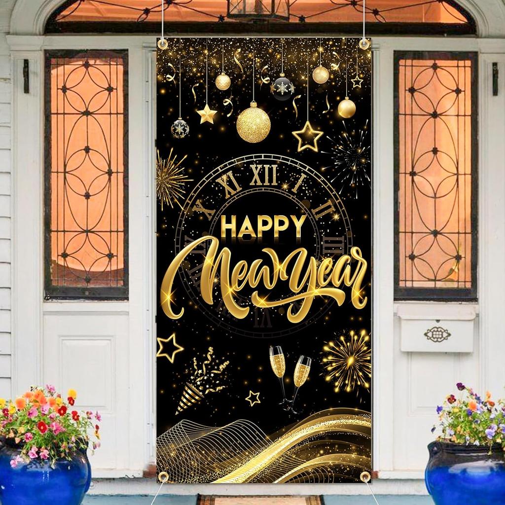 New Years Decorations 2026 Door Cover, Black and Gold Happy New Year Door Banner NYE Front Porch Hang Door Cover, NYE Door Banner for New Year Eve
