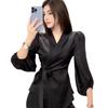 Women's Satin V-Neck Tie-Up Shirt – Waist-Cinching, Elegant, for Spring/Summer, Mature Niche Design