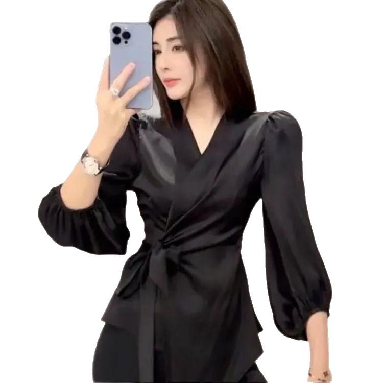 Women's Satin V-Neck Tie-Up Shirt – Waist-Cinching, Elegant, for Spring/Summer, Mature Niche Design
