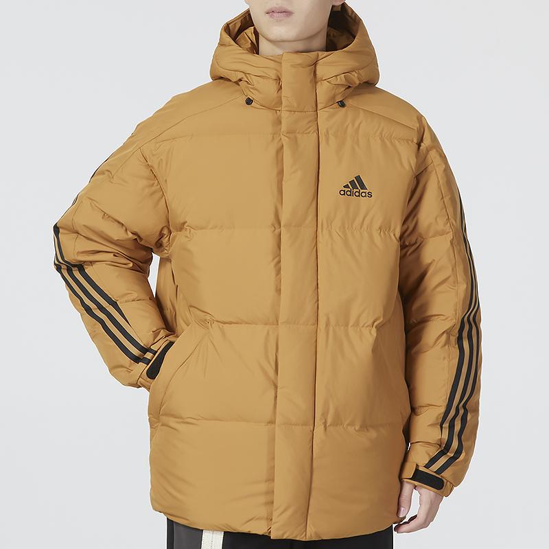 Adidas Logo Print Zip-Up Hooded Down Jacket With Letter Stripes Men Outerwear Yellow HN2087
