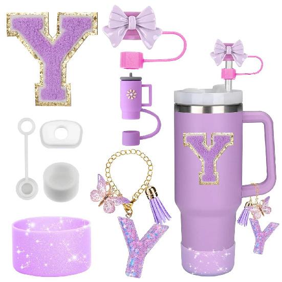 8PCS Accessories Set for Stanley Cup Purple 30oz 40oz Tumbler Silicone Straw Topper Cover Cap Boot Handle Charm Initials Sticker Cup Holders 5