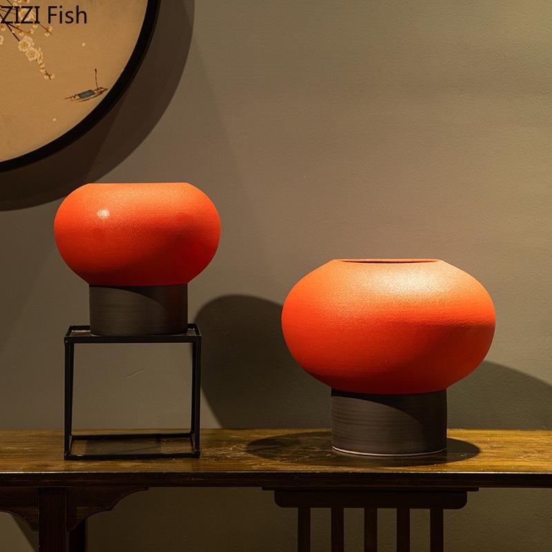 Kreatywny Czerwony Lampion Ceramiczny Wazon Okrągła Doniczka Dekoracja Biurka Aranżacja Kwiatowa Nowoczesne Wazony Florystyczne Estetyczny Wystrój Pomieszczenia