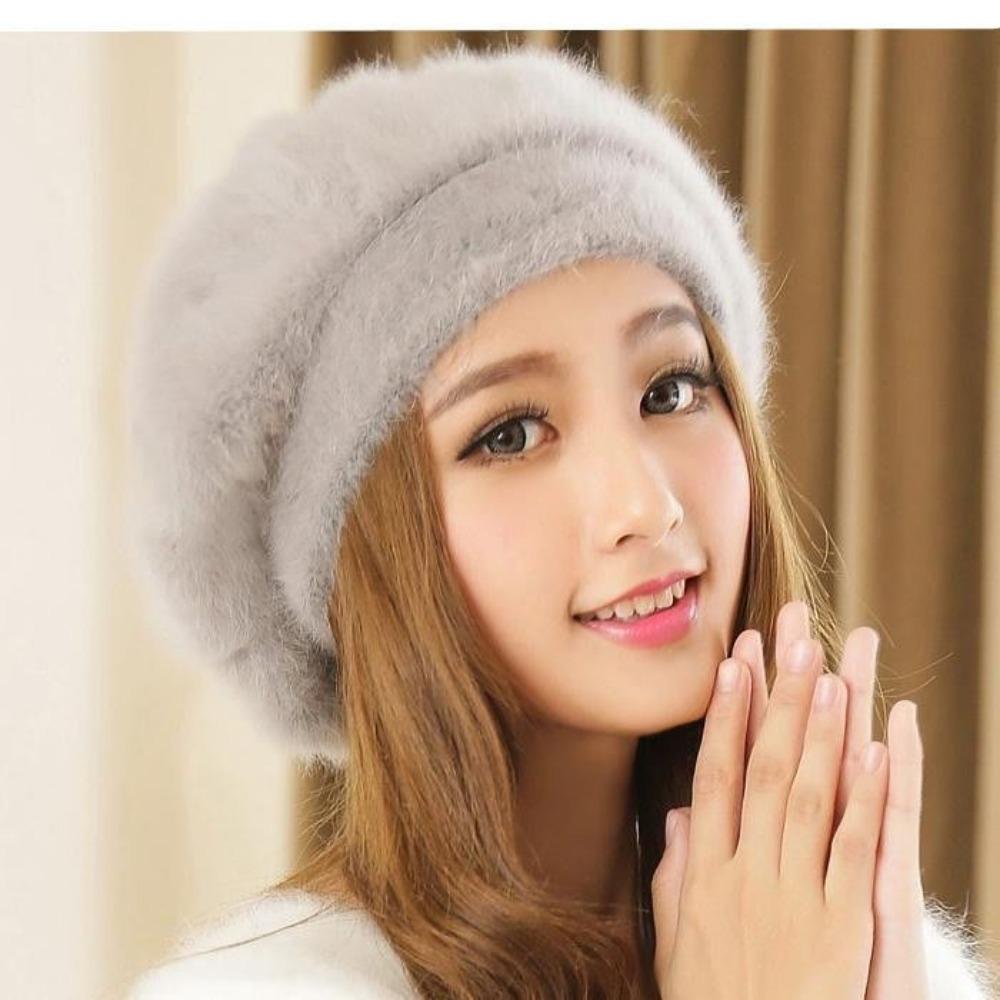 

Шляпа Женская Зимняя Берет из Кроличьего Меха Детская Модная Вязаная Шерстяная Шапка Теплая Шапка 55-60cm [elastic]