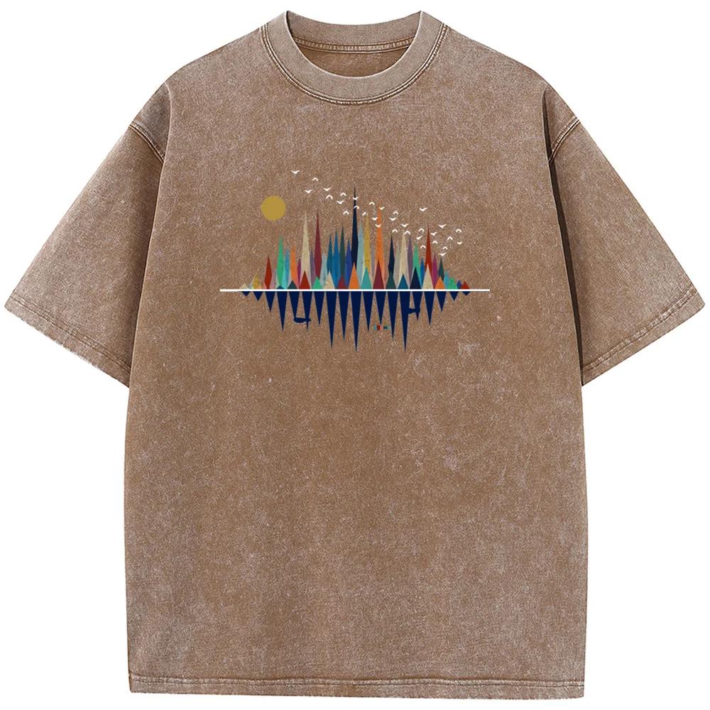 Men's Retro Geometric Happy Natural Washed T-Shirt Cotton Vintage Bleached Tshirt Tops Casual Loose Bleach T shirt