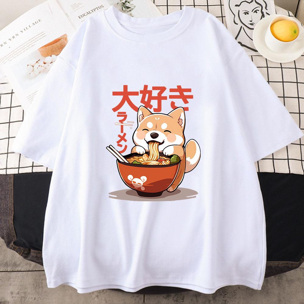 Shiba Inu Enjoying Ramen T-shirts 100% Cotton High Quality Summer Tee-shirt Casual Women/Men Kawaii Tshirt Cute Girls Shirts