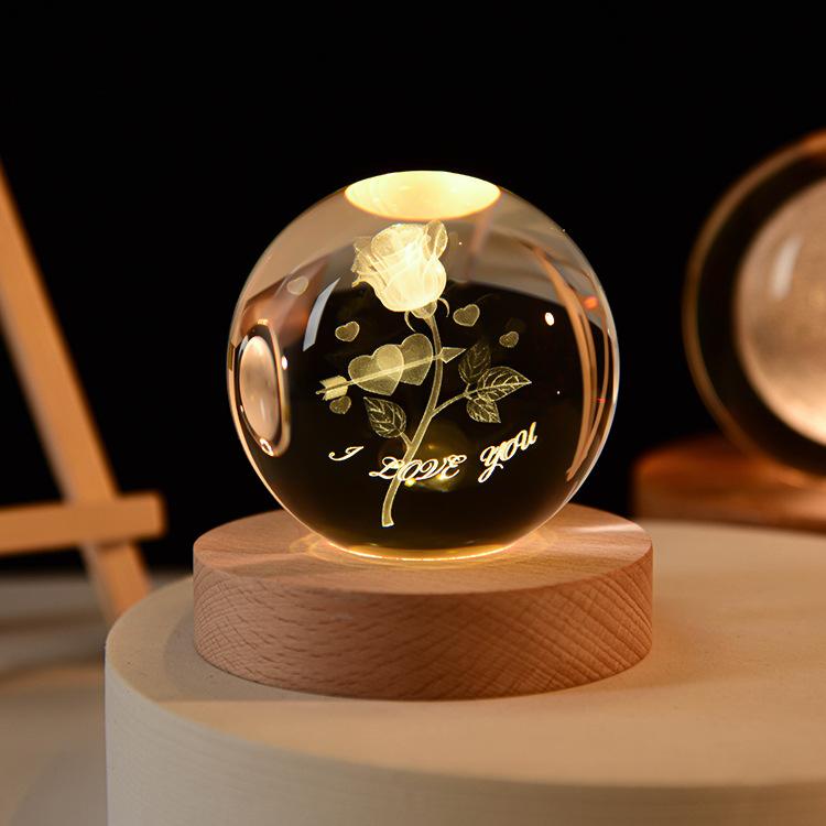 3D Art Nebula Laser Carving Solar System Moon Planet Nights Lamp LED Glowing Crystal Glass Globe Ball Wood Base Night Light