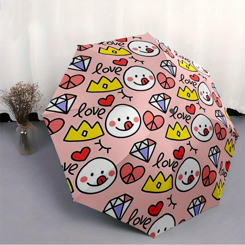 1pc love, crown Automatic Folding Umbrella - 8-Rib Iron Frame, Windproof, Portable Sunshade with Plastic Handle for Travel & Outdoor Activit