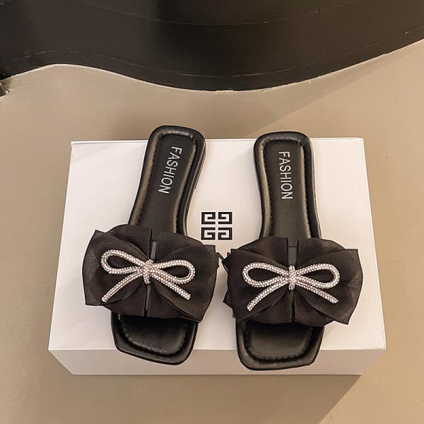 Fashion Butterfly-Knot Shoes Woman's Slippers Square Toe Slides String Bead Fashion 2025 Luxury Butterfly-knot String Bead Shoes Square