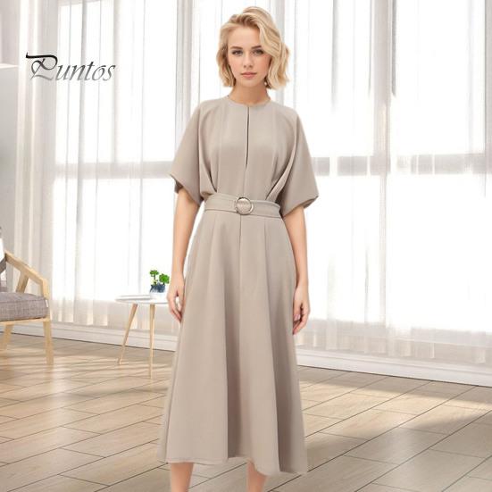 

Женское платье OL в коммутационном стиле с круглым вырезом и поясом, тонкая талия, однотонное трапециевидное платье с короткими рукавами и разрезом подол, платье миди для покупок и свиданий M синий