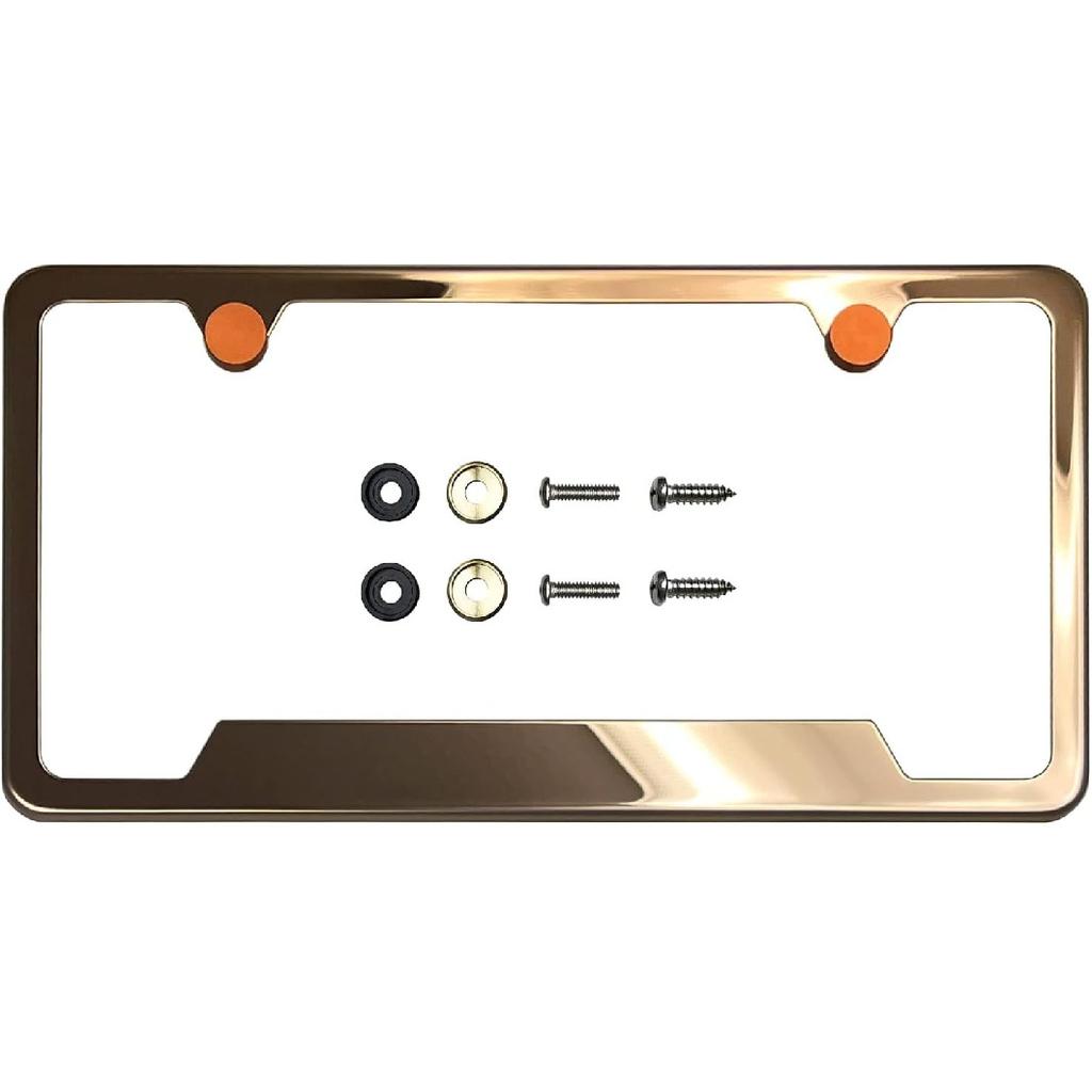 Bottom Corner Cut Out Version License Plate Frame Rose Gold Mirror Chrome Electroplating Universal Fit Aluminum Screw On Cap Cover, T304 Stainless