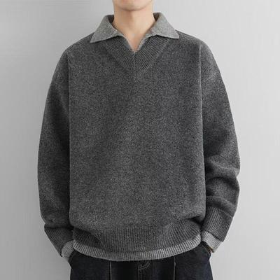 Men's Trendy V-Neck Two-Piece Look Sweater - Spring/Autumn Knitwear, Lazy Style Base Layer with Loose Lapel