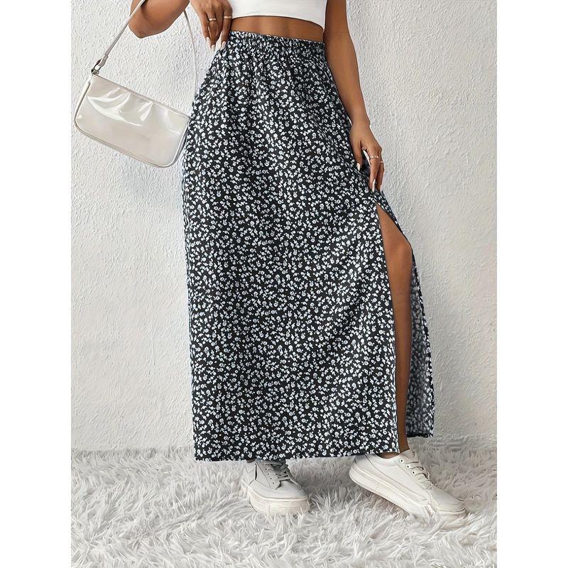 

Autumn New Western Style Fashion Royal Blue Commuter Ol Floral High Waist Elegant Split Casual Skirt Long dress Black 2XL