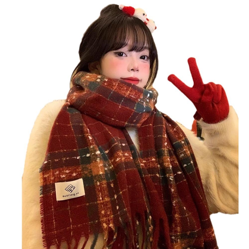 Red Plaid Fringed Scarf Women's Winter Korean Atmosphere Thickened and Kept Warm New Year's Christmas Scarf Student Shawl