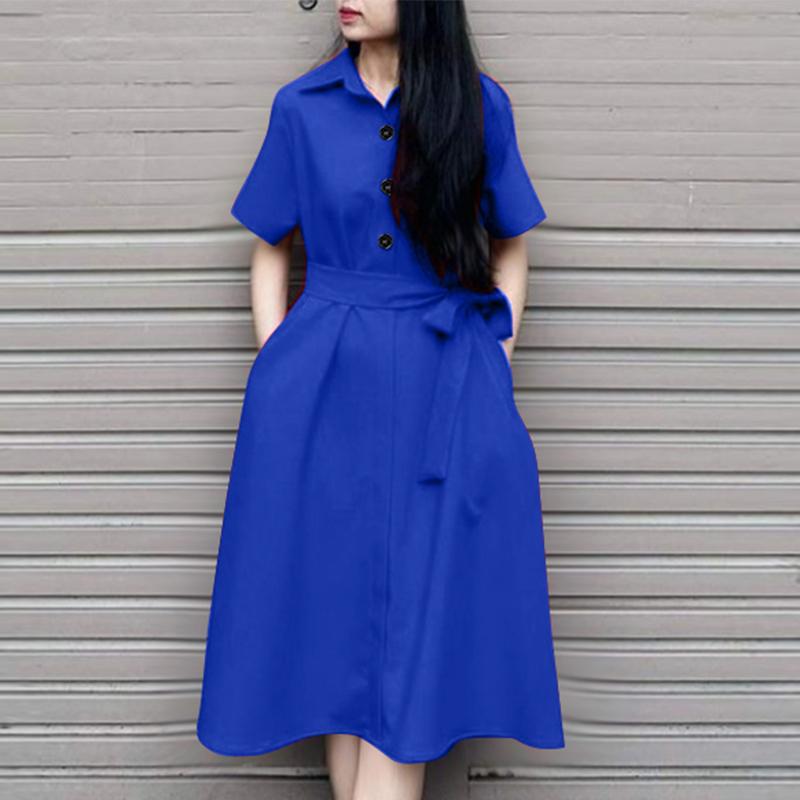ZANZEA Women Casual Turn Down Collar Loose Short Sleeve Shirt Dress