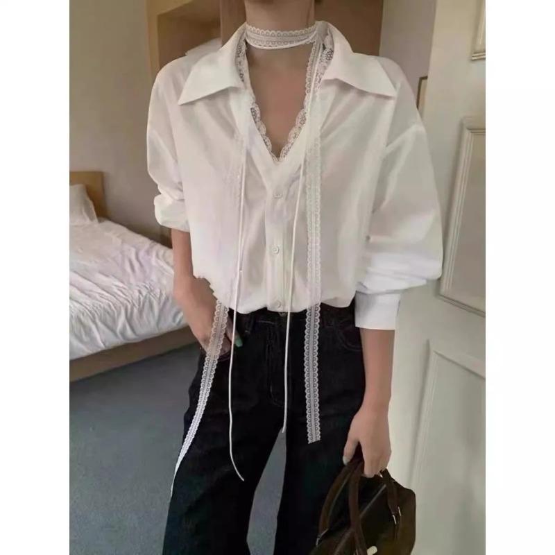 

Women s White Oversized Shirt Lace Trim Tie Neck Long Sleeve Casual Loose Blouse S
