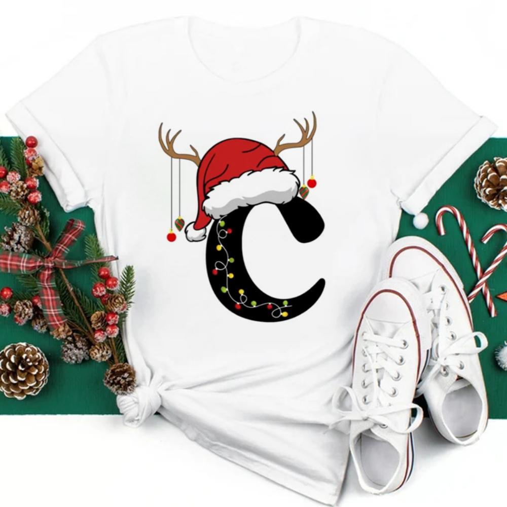 Christmas Hat A To Z Letters Oversize Tshirt Christmas Family Gathering Activity Shortsleeved Shirt Oversize Streetwear Fashion