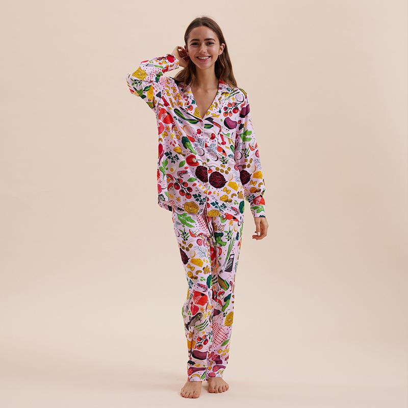 [Crayfish] Autumn new printed pajamas women's long-sleeved pure cotton pajamas women's lapel thin loungewear