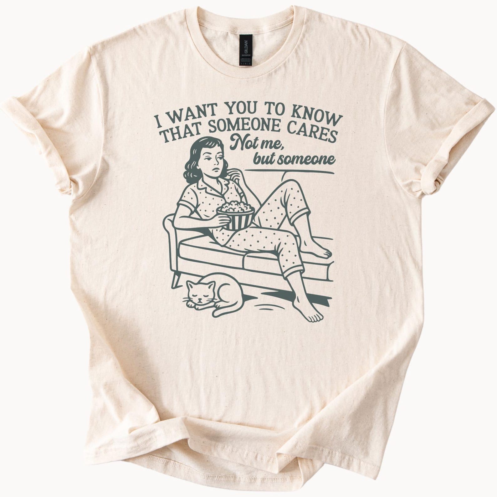 Funny Someone Cares Not Me But Someone Graphic T Shirt Relaxing Woman on Couch Eating Popcorn with Cat Casual Humor Tee 140
