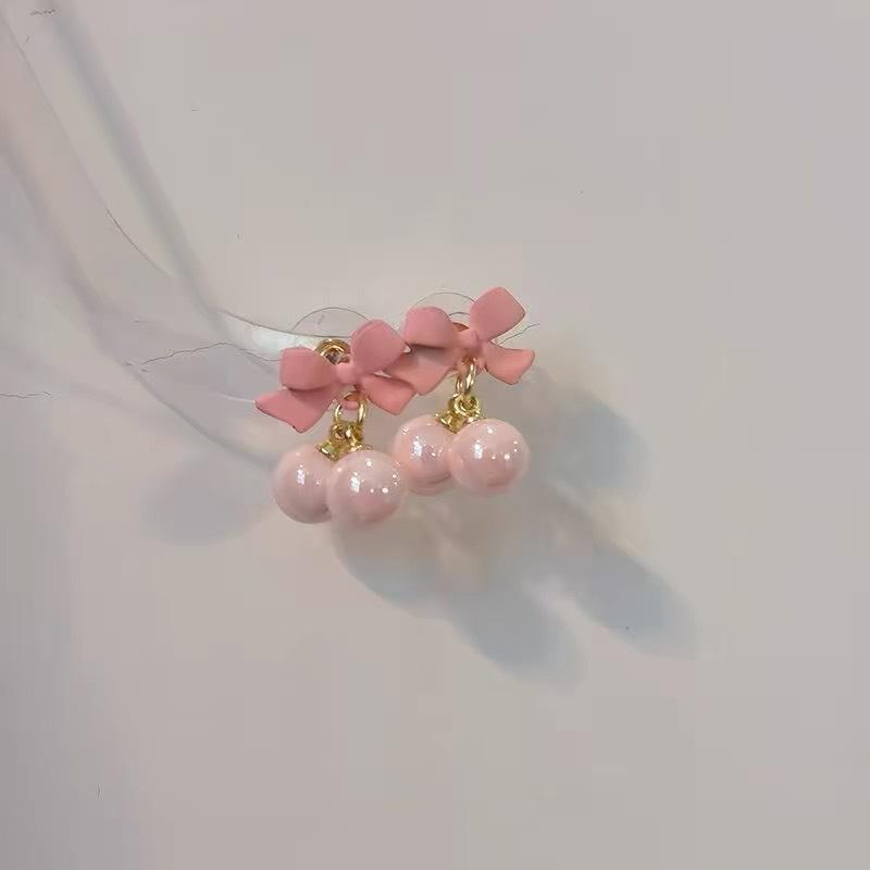 Korean Sweet Pink Bow Earrings For Women Aretes Girls Design Charm Round Bead Drop Earring Jewelry Gifts