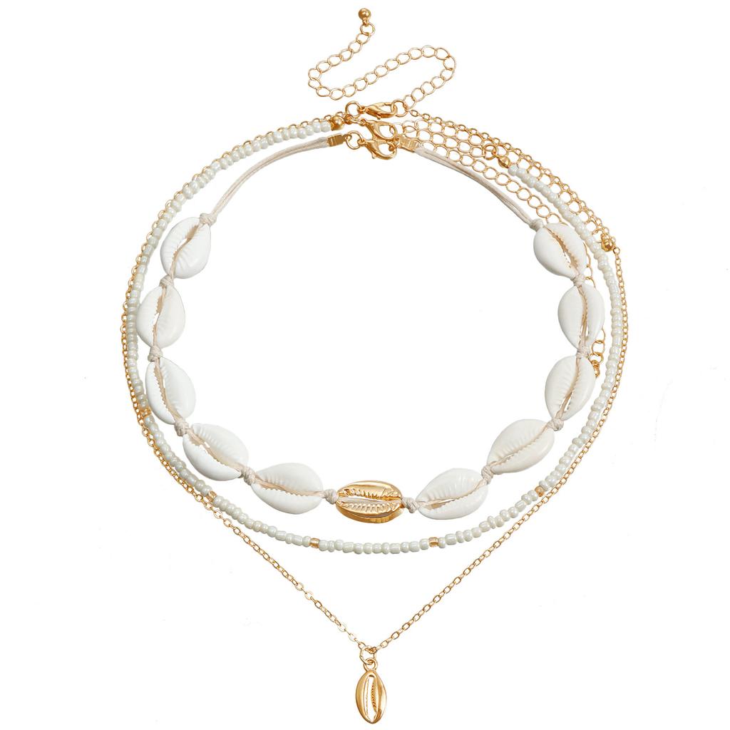 Lanț Claviculă Accesorii Stratificate Femei, Colier Boem cu Pandantiv Scoică cu Mărgele de Orez