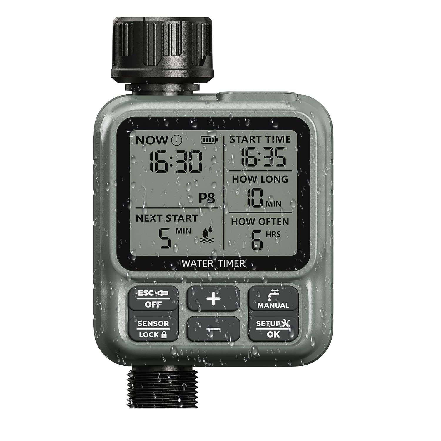 

Automatic Watering Timer with 8 Programmable Steps, Rain Delay, Manual, and Automatic Modes, for Lawn and Garden Irrigation (Army Green)