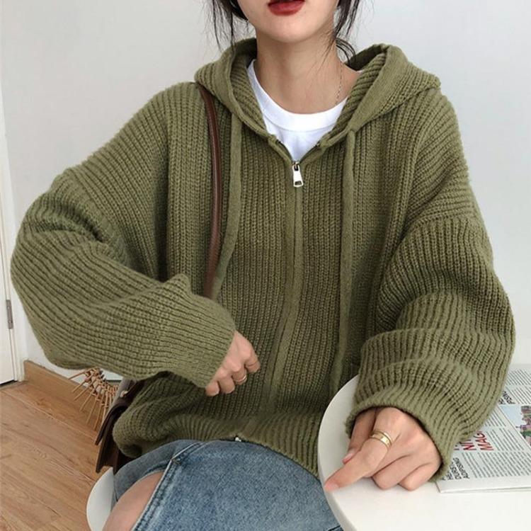 Loose Knitted Hooded Sweater Cardigan Coat Solid Color Womens Top